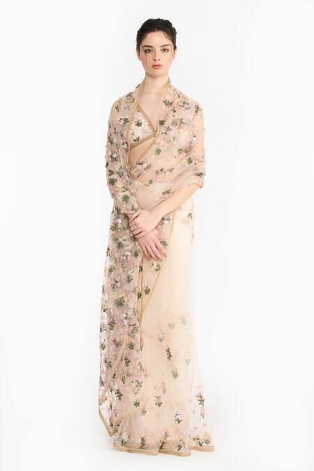 Gauri & Nainika_Pink Tulle Embroidery, Sequins, Zari, Metallic Lattice Floral Saree With Blouse _Online_at_Aza_Fashions