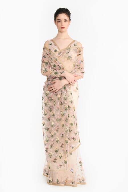 Shop_Gauri & Nainika_Pink Tulle Embroidery, Sequins, Zari, Metallic Lattice Floral Saree With Blouse _Online_at_Aza_Fashions
