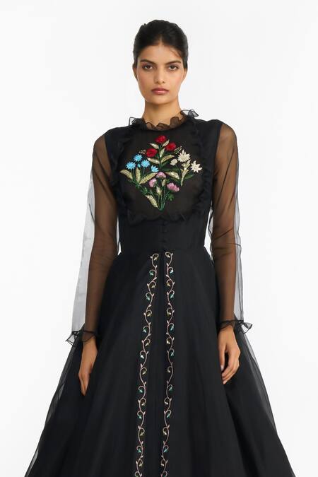 Gauri & Nainika Black Silk Organza Embroidery, Metallic Thread High Neck Lattice Gown Online at Aza Fashions Gauri & Nainika_Black Silk Organza Embroidery, Metallic Thread High Neck Lattice Gown _Online_at_Aza_Fashions