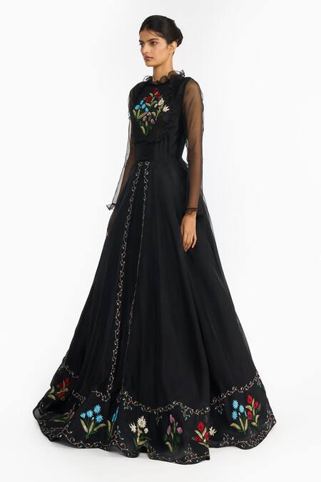 Shop Gauri & Nainika Black Silk Organza Embroidery, Metallic Thread High Neck Lattice Gown Online at Aza Fashions Shop_Gauri & Nainika_Black Silk Organza Embroidery, Metallic Thread High Neck Lattice Gown _Online_at_Aza_Fashions