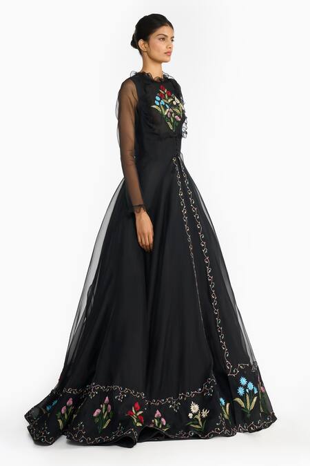 Gauri & Nainika Black Silk Organza Embroidery, Metallic Thread High Neck Lattice Gown at Aza Fashions Gauri & Nainika_Black Silk Organza Embroidery, Metallic Thread High Neck Lattice Gown _at_Aza_Fashions