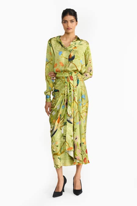 Gauri & Nainika Chinoiserie Print Shirt & Draped Skirt Set 