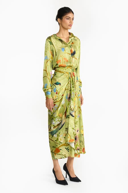 Gauri & Nainika_Green Satin Collared, V-neck Chinoiserie Print Shirt And Draped Skirt Set _Online_at_Aza_Fashions