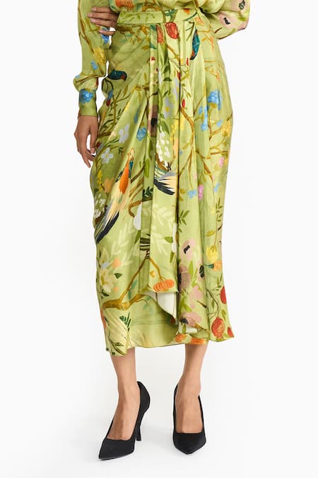 Gauri & Nainika_Green Satin Collared, V-neck Chinoiserie Print Shirt And Draped Skirt Set _at_Aza_Fashions