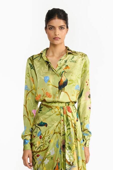 Buy_Gauri & Nainika_Green Satin Collared, V-neck Chinoiserie Print Shirt And Draped Skirt Set 