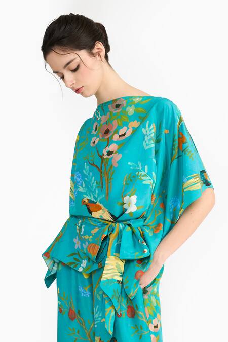 Gauri & Nainika_Blue Silk Boat Neck Chinoiserie Printed Kaftan Top And Pant Set _Online_at_Aza_Fashions
