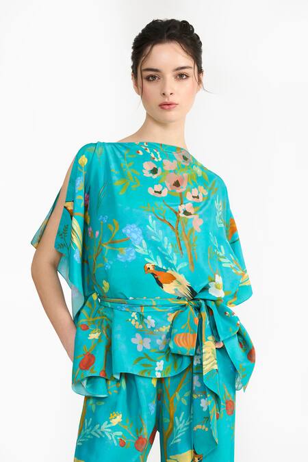 Buy_Gauri & Nainika_Blue Silk Boat Neck Chinoiserie Printed Kaftan Top And Pant Set _Online_at_Aza_Fashions