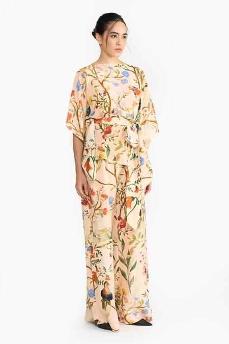Gauri & Nainika_Peach Silk Boat Neck Chinoiserie Printed Kaftan Top And Pant Set _Online_at_Aza_Fashions