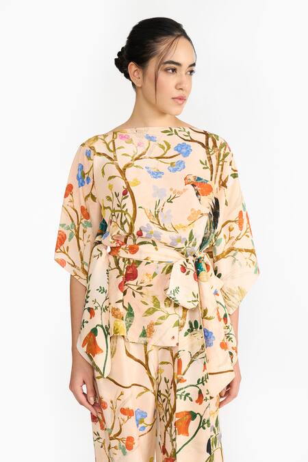 Buy_Gauri & Nainika_Peach Silk Boat Neck Chinoiserie Printed Kaftan Top And Pant Set _Online_at_Aza_Fashions