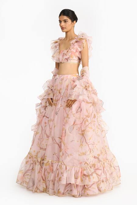 Gauri & Nainika Pink Silk Organza Gota Patti, Ruffles, Piping Chinoiserie Print Lehenga Set Online at Aza Fashions Gauri & Nainika_Pink Silk Organza Gota Patti, Ruffles, Piping Chinoiserie Print Lehenga Set _Online_at_Aza_Fashions