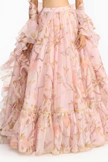 Shop Gauri & Nainika Pink Silk Organza Gota Patti, Ruffles, Piping Chinoiserie Print Lehenga Set Online at Aza Fashions Shop_Gauri & Nainika_Pink Silk Organza Gota Patti, Ruffles, Piping Chinoiserie Print Lehenga Set _Online_at_Aza_Fashions