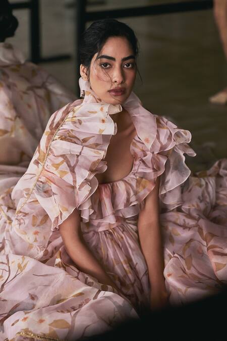 Gauri & Nainika Pink Silk Organza Gota Patti, Ruffles, Piping Chinoiserie Print Lehenga Set at Aza Fashions Gauri & Nainika_Pink Silk Organza Gota Patti, Ruffles, Piping Chinoiserie Print Lehenga Set _at_Aza_Fashions