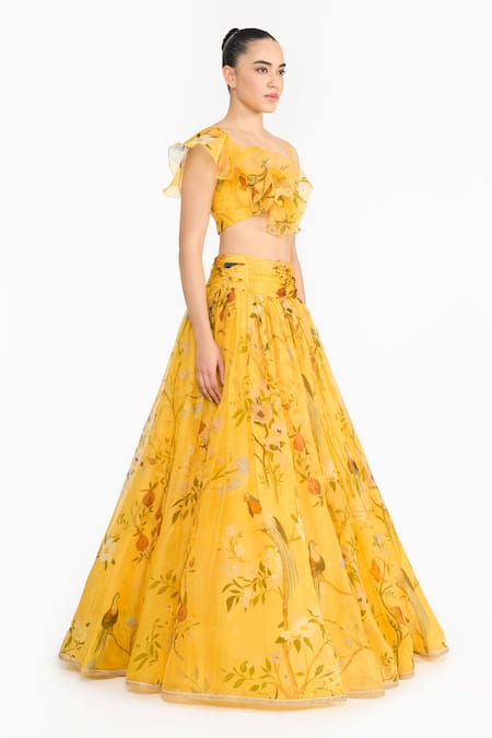 Gauri & Nainika Yellow Silk Organza Ruffles, Fabric Chinoiserie Print Blouse And Lehenga Set Online at Aza Fashions Gauri & Nainika_Yellow Silk Organza Ruffles, Fabric Chinoiserie Print Blouse And Lehenga Set _Online_at_Aza_Fashions