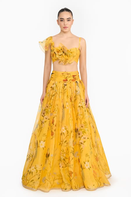 Buy Gauri & Nainika Yellow Silk Organza Ruffles, Fabric Chinoiserie Print Blouse And Lehenga Set Online at Aza Fashions Buy_Gauri & Nainika_Yellow Silk Organza Ruffles, Fabric Chinoiserie Print Blouse And Lehenga Set _Online_at_Aza_Fashions