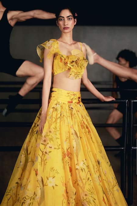 Gauri & Nainika Yellow Silk Organza Ruffles, Fabric Chinoiserie Print Blouse And Lehenga Set at Aza Fashions Gauri & Nainika_Yellow Silk Organza Ruffles, Fabric Chinoiserie Print Blouse And Lehenga Set _at_Aza_Fashions