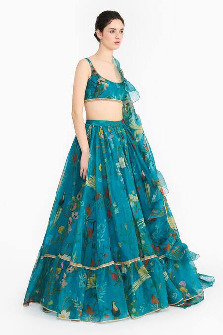 Buy Gauri & Nainika Blue Silk Organza Piping, Ruffles Square Neck Chinoiserie Print Lehenga Set Online at Aza Fashions Buy_Gauri & Nainika_Blue Silk Organza Piping, Ruffles Square Neck Chinoiserie Print Lehenga Set _Online_at_Aza_Fashions