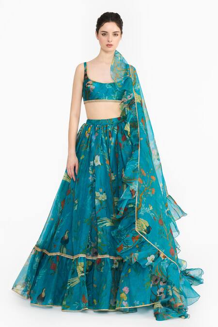 Gauri & Nainika Blue Silk Organza Piping, Ruffles Square Neck Chinoiserie Print Lehenga Set at Aza Fashions Gauri & Nainika_Blue Silk Organza Piping, Ruffles Square Neck Chinoiserie Print Lehenga Set _at_Aza_Fashions