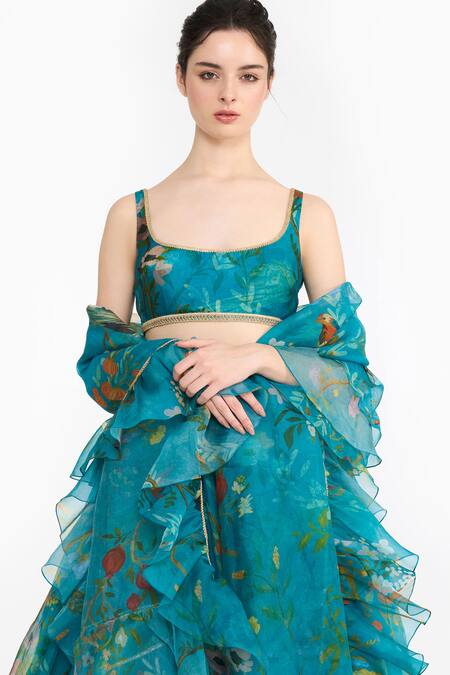 Buy Gauri & Nainika Blue Silk Organza Piping, Ruffles Square Neck Chinoiserie Print Lehenga Set Buy_Gauri & Nainika_Blue Silk Organza Piping, Ruffles Square Neck Chinoiserie Print Lehenga Set
