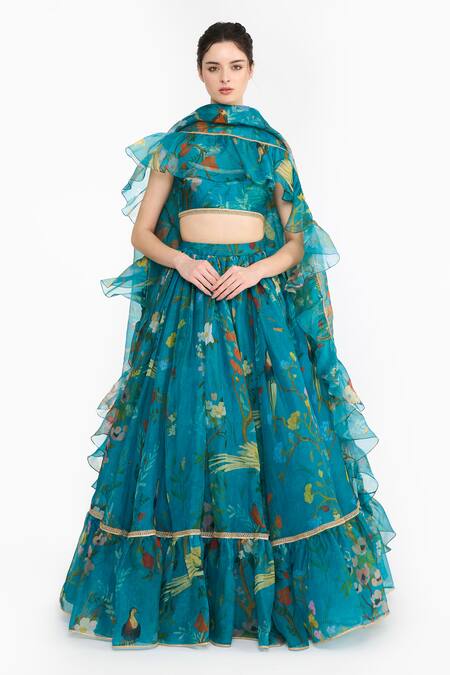 Shop Gauri & Nainika Blue Silk Organza Piping, Ruffles Square Neck Chinoiserie Print Lehenga Set Shop_Gauri & Nainika_Blue Silk Organza Piping, Ruffles Square Neck Chinoiserie Print Lehenga Set