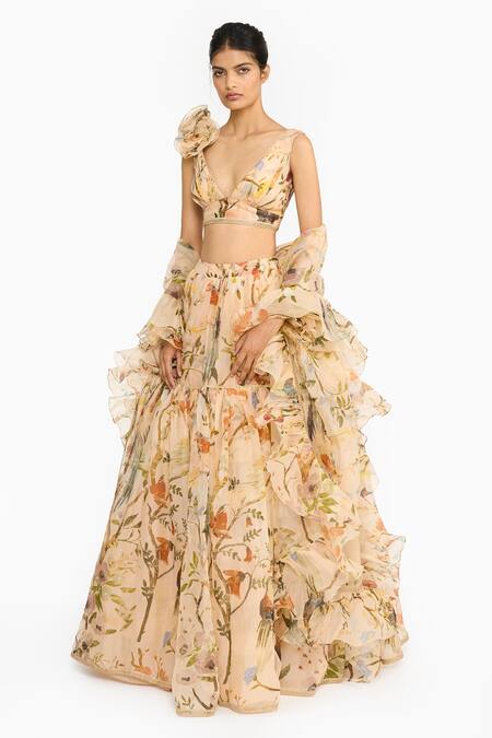 Gauri & Nainika Peach Silk Organza Ruffles, Fabric Flowers, Gota Chinoiserie Printed Lehenga Set Online at Aza Fashions Gauri & Nainika_Peach Silk Organza Ruffles, Fabric Flowers, Gota Chinoiserie Printed Lehenga Set _Online_at_Aza_Fashions