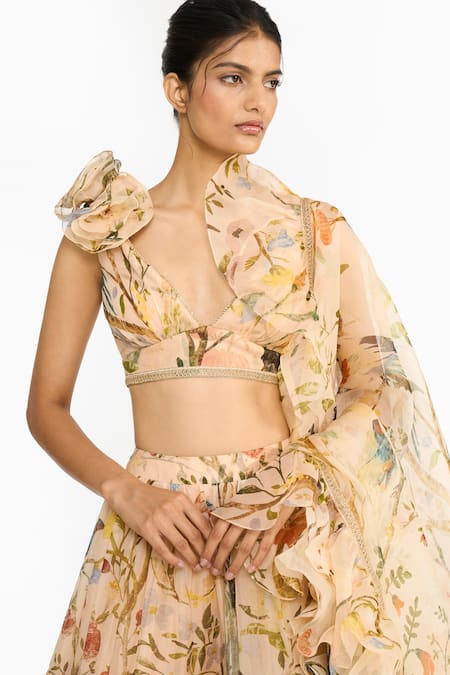 Buy Gauri & Nainika Peach Silk Organza Ruffles, Fabric Flowers, Gota Chinoiserie Printed Lehenga Set Online at Aza Fashions Buy_Gauri & Nainika_Peach Silk Organza Ruffles, Fabric Flowers, Gota Chinoiserie Printed Lehenga Set _Online_at_Aza_Fashions