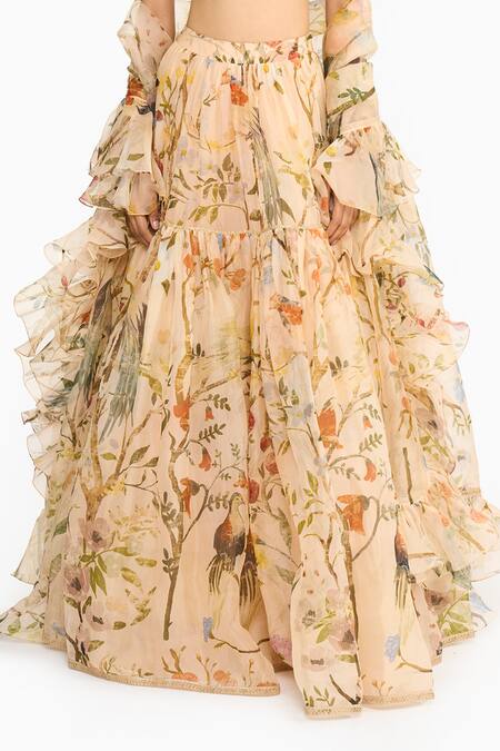 Shop Gauri & Nainika Peach Silk Organza Ruffles, Fabric Flowers, Gota Chinoiserie Printed Lehenga Set Online at Aza Fashions Shop_Gauri & Nainika_Peach Silk Organza Ruffles, Fabric Flowers, Gota Chinoiserie Printed Lehenga Set _Online_at_Aza_Fashions