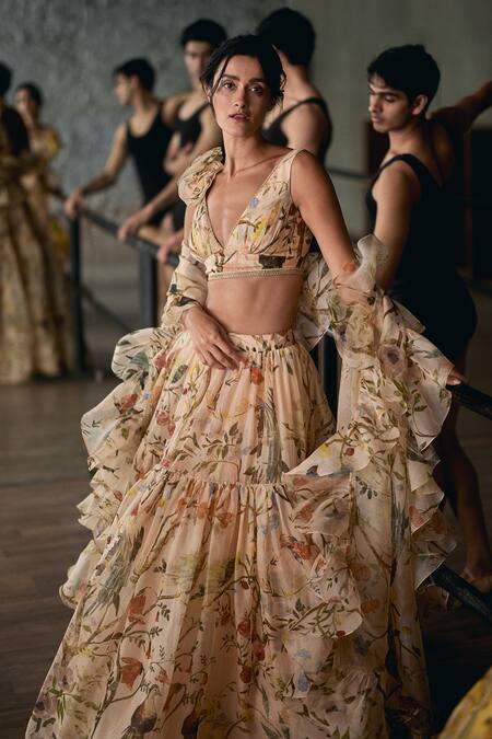Gauri & Nainika Peach Silk Organza Ruffles, Fabric Flowers, Gota Chinoiserie Printed Lehenga Set at Aza Fashions Gauri & Nainika_Peach Silk Organza Ruffles, Fabric Flowers, Gota Chinoiserie Printed Lehenga Set _at_Aza_Fashions