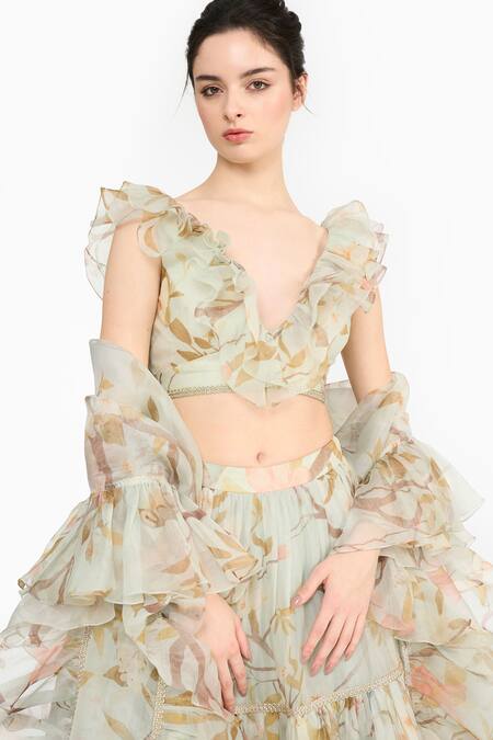 Gauri & Nainika Green Silk Organza Gota Patti, Zari, Ruffles Chinoiserie Print Lehenga Set Online at Aza Fashions Gauri & Nainika_Green Silk Organza Gota Patti, Zari, Ruffles Chinoiserie Print Lehenga Set _Online_at_Aza_Fashions