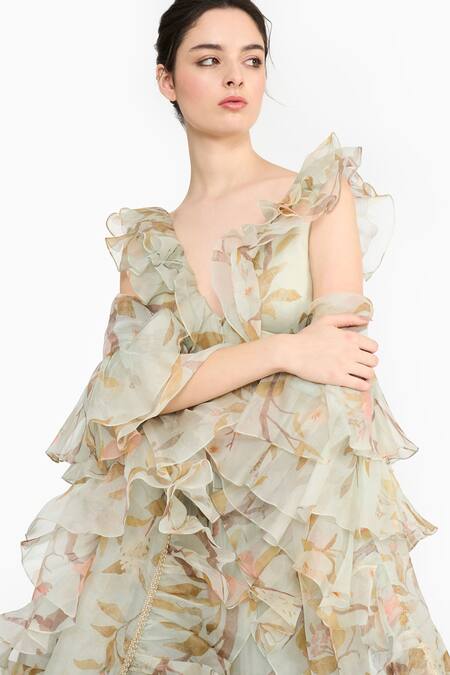 Shop Gauri & Nainika Green Silk Organza Gota Patti, Zari, Ruffles Chinoiserie Print Lehenga Set Online at Aza Fashions Shop_Gauri & Nainika_Green Silk Organza Gota Patti, Zari, Ruffles Chinoiserie Print Lehenga Set _Online_at_Aza_Fashions