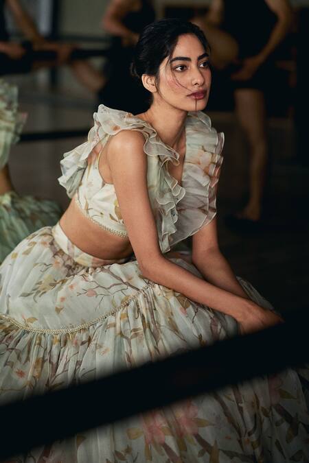 Buy Gauri & Nainika Green Silk Organza Gota Patti, Zari, Ruffles Chinoiserie Print Lehenga Set Buy_Gauri & Nainika_Green Silk Organza Gota Patti, Zari, Ruffles Chinoiserie Print Lehenga Set