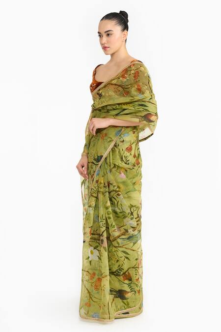 Gauri & Nainika_Green Organza, Velvet Piping, Embroidery Chinoiserie Print Saree With Blouse _Online_at_Aza_Fashions