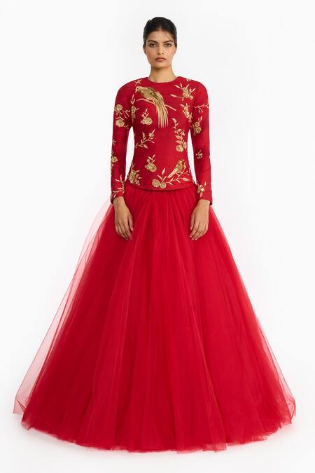Gauri & Nainika Red Silk, Tulle Embroidery, Sequins Round Chinoiserie Peplum Top And Lehenga Set Online at Aza Fashions Gauri & Nainika_Red Silk, Tulle Embroidery, Sequins Round Chinoiserie Peplum Top And Lehenga Set _Online_at_Aza_Fashions