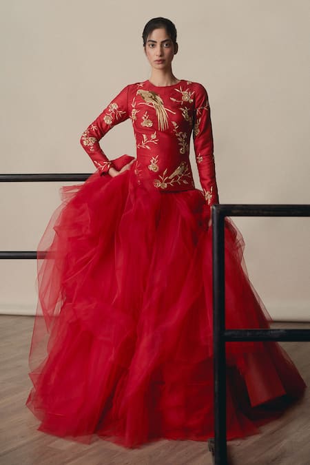 Gauri & Nainika Chinoiserie Embroidered Peplum Top & Lehenga Set 