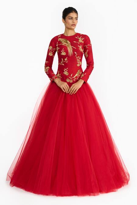 Buy Gauri & Nainika Red Silk, Tulle Embroidery, Sequins Round Chinoiserie Peplum Top And Lehenga Set Online at Aza Fashions Buy_Gauri & Nainika_Red Silk, Tulle Embroidery, Sequins Round Chinoiserie Peplum Top And Lehenga Set _Online_at_Aza_Fashions