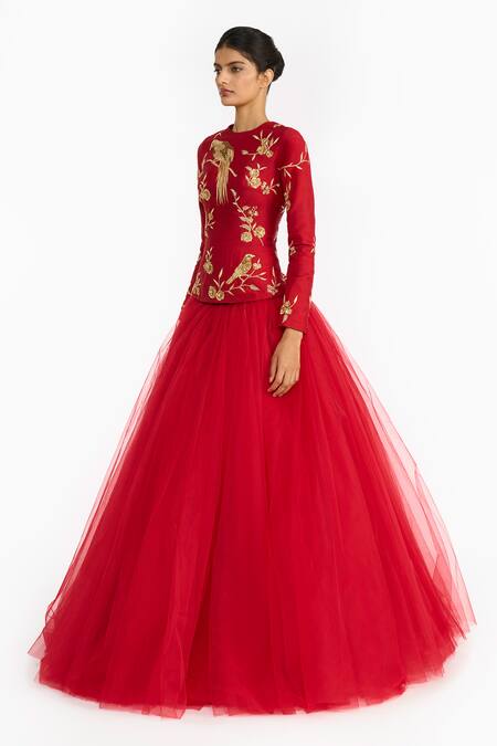 Shop Gauri & Nainika Red Silk, Tulle Embroidery, Sequins Round Chinoiserie Peplum Top And Lehenga Set Online at Aza Fashions Shop_Gauri & Nainika_Red Silk, Tulle Embroidery, Sequins Round Chinoiserie Peplum Top And Lehenga Set _Online_at_Aza_Fashions