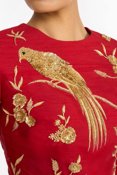 Gauri & Nainika Red Silk, Tulle Embroidery, Sequins Round Chinoiserie Peplum Top And Lehenga Set at Aza Fashions Gauri & Nainika_Red Silk, Tulle Embroidery, Sequins Round Chinoiserie Peplum Top And Lehenga Set _at_Aza_Fashions