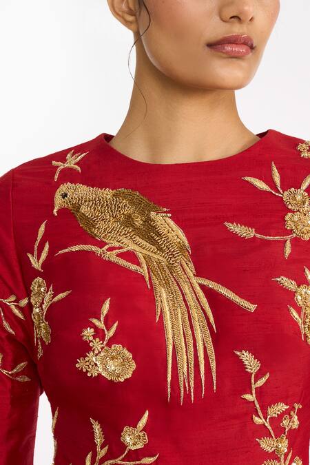 Buy Gauri & Nainika Red Silk, Tulle Embroidery, Sequins Round Chinoiserie Peplum Top And Lehenga Set Buy_Gauri & Nainika_Red Silk, Tulle Embroidery, Sequins Round Chinoiserie Peplum Top And Lehenga Set