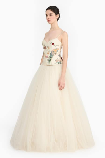 Gauri & Nainika Ivory Silk, Crepe Embroidery Sweetheart Chinoiserie Peplum Top With Lehenga Online at Aza Fashions Gauri & Nainika_Ivory Silk, Crepe Embroidery Sweetheart Chinoiserie Peplum Top With Lehenga _Online_at_Aza_Fashions