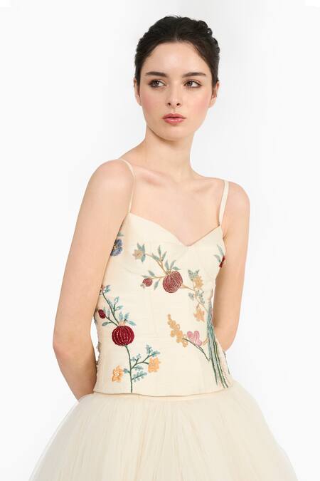 Gauri & Nainika Ivory Silk, Crepe Embroidery Sweetheart Chinoiserie Peplum Top With Lehenga at Aza Fashions Gauri & Nainika_Ivory Silk, Crepe Embroidery Sweetheart Chinoiserie Peplum Top With Lehenga _at_Aza_Fashions