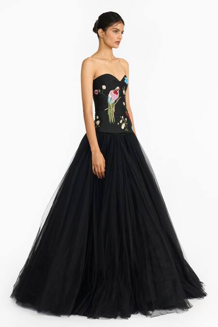 Gauri & Nainika_Black Silk, Crepe, Tulle Embroidery, Chinoiserie Peplum Top Lehenga Set _Online_at_Aza_Fashions