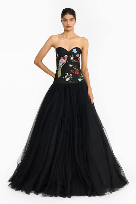 Shop_Gauri & Nainika_Black Silk, Crepe, Tulle Embroidery, Chinoiserie Peplum Top Lehenga Set _Online_at_Aza_Fashions