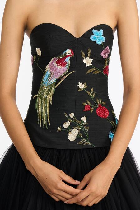 Buy_Gauri & Nainika_Black Silk, Crepe, Tulle Embroidery, Chinoiserie Peplum Top Lehenga Set 