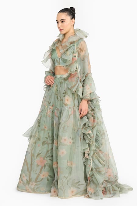 Gauri & Nainika_Green Silk Organza Piping, Ruffles V-neck Chinoiserie Floral Print Lehenga Set _Online_at_Aza_Fashions