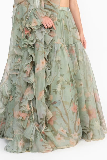 Buy_Gauri & Nainika_Green Silk Organza Piping, Ruffles V-neck Chinoiserie Floral Print Lehenga Set _Online_at_Aza_Fashions