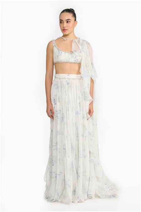 Gauri & Nainika_Purple Chiffon Beads Sweetheart , Round Lavender Printed Cape Skirt Set _Online_at_Aza_Fashions