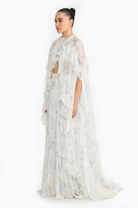 Buy_Gauri & Nainika_Purple Chiffon Beads Sweetheart , Round Lavender Printed Cape Skirt Set _Online_at_Aza_Fashions