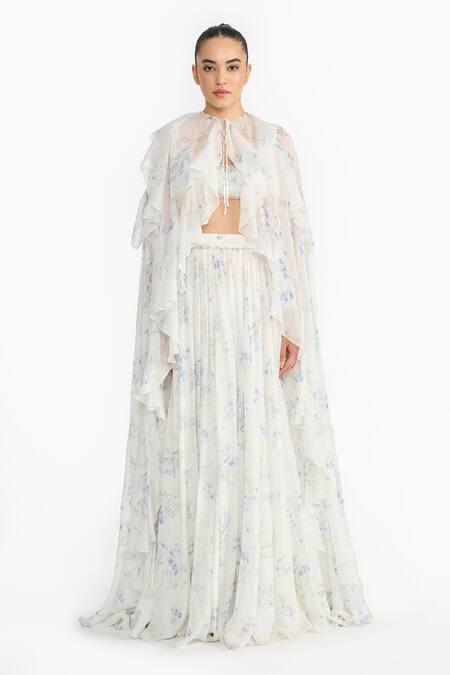 Shop_Gauri & Nainika_Purple Chiffon Beads Sweetheart , Round Lavender Printed Cape Skirt Set _Online_at_Aza_Fashions