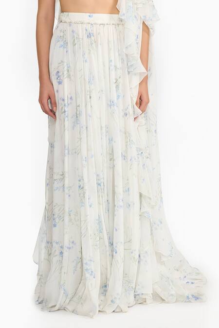 Buy_Gauri & Nainika_Purple Chiffon Beads Sweetheart , Round Lavender Printed Cape Skirt Set 