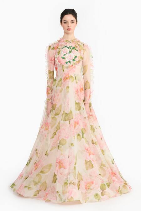 Gauri & Nainika_Pink Silk Organza Embroidery, Sequins, Beads Round Neck Indian Rose Printed Gown _Online_at_Aza_Fashions