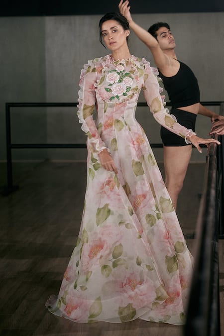Gauri & Nainika Indian Rose Printed Gown 